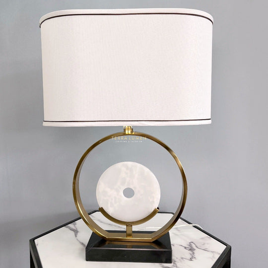 Isla Brushed Brass Marble Disk Table Lamp with Off-White Drum Shade