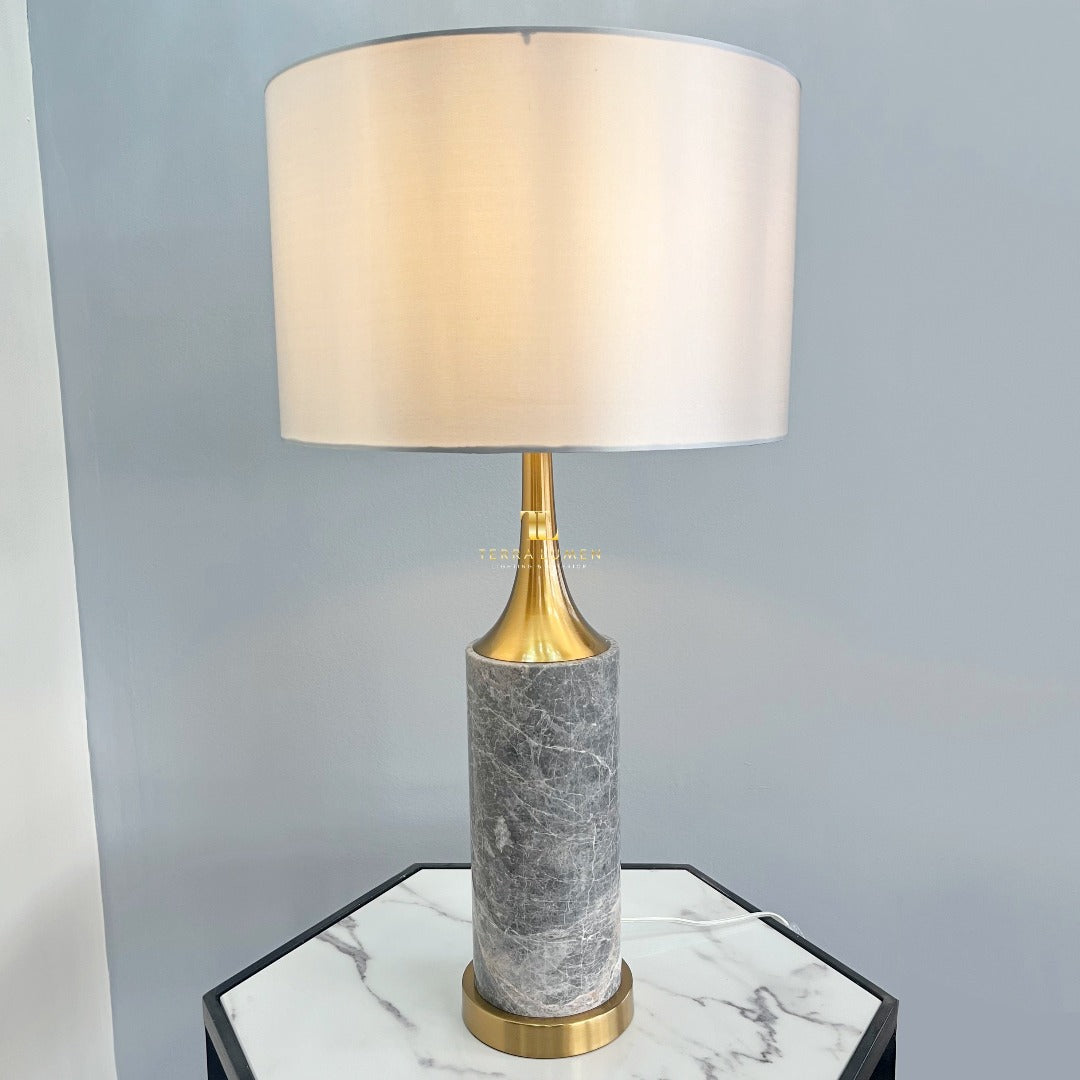 Ebony Brushed Brass Grey Marble Table Lamp with Silver Shade