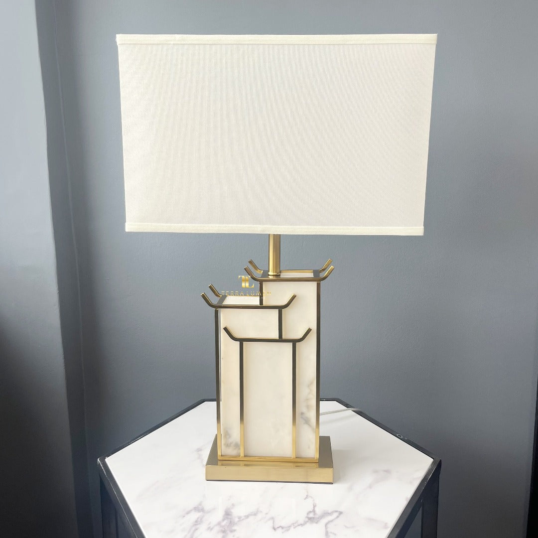 Cleo Japandi Polished Gold Marble Effect Table Lamp with White Shade