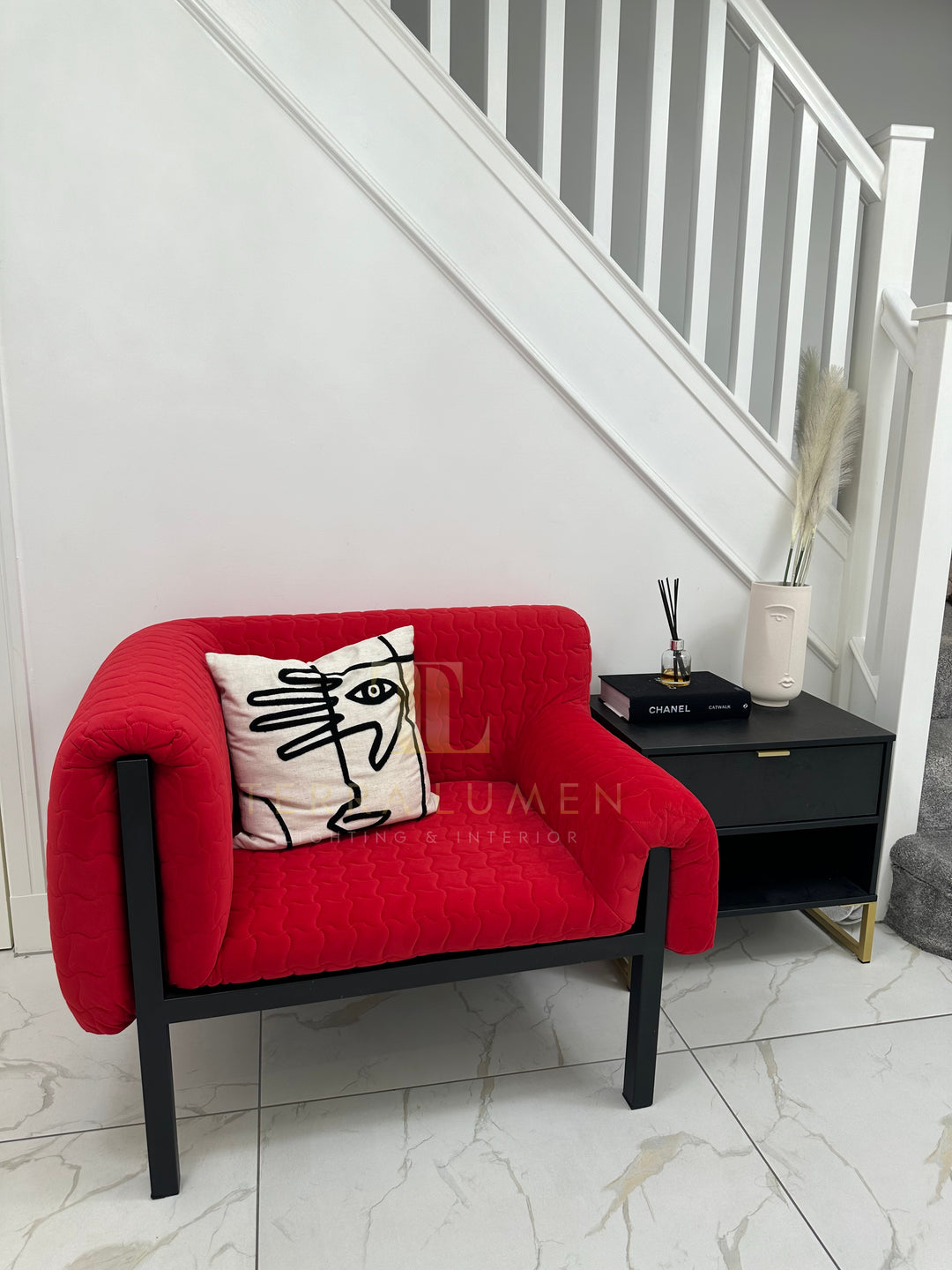 Claudia Black and Red Asymmetrical Velvet Armchair