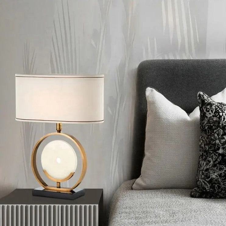 Isla Brushed Brass Marble Disk Table Lamp with Off-White Drum Shade