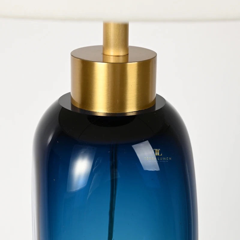 Iona Brushed Gold Blue Glass Table Lamp with Ivory Shade