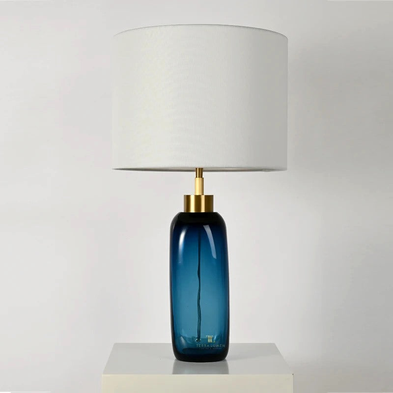 Iona Brushed Gold Blue Glass Table Lamp with Ivory Shade