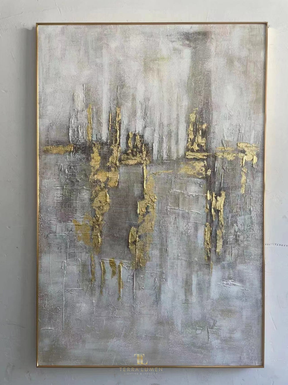 Celeste Grey and Gold Abstract Painting with Gold Frame