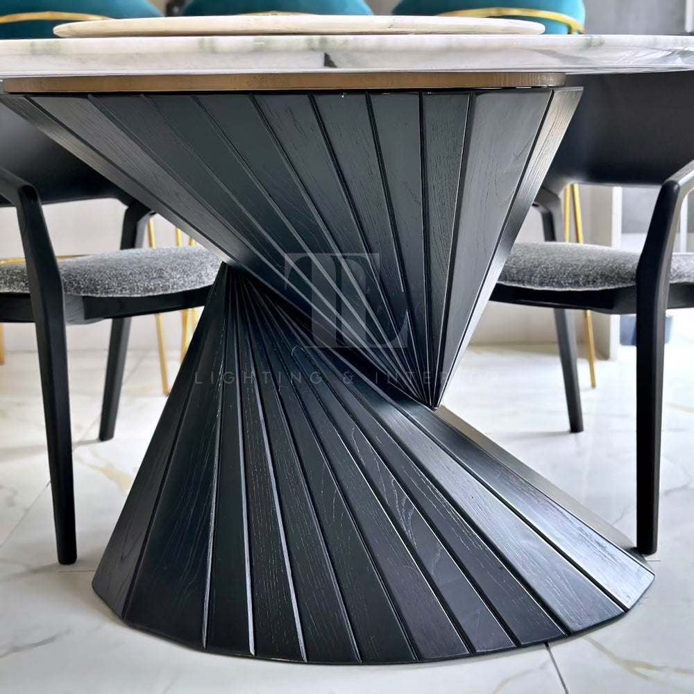Marquina Black and White 6 Seater Marble Dining Table, Solid Black Wood Base, Complimentary Matching Turntable