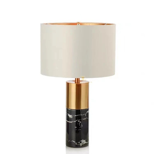 Elis Brushed Brass Light Grey Marble Table Lamp with Ivory Shade