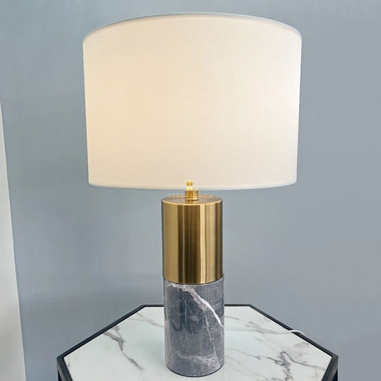 Elis Brushed Brass Light Grey Marble Table Lamp with Ivory Shade