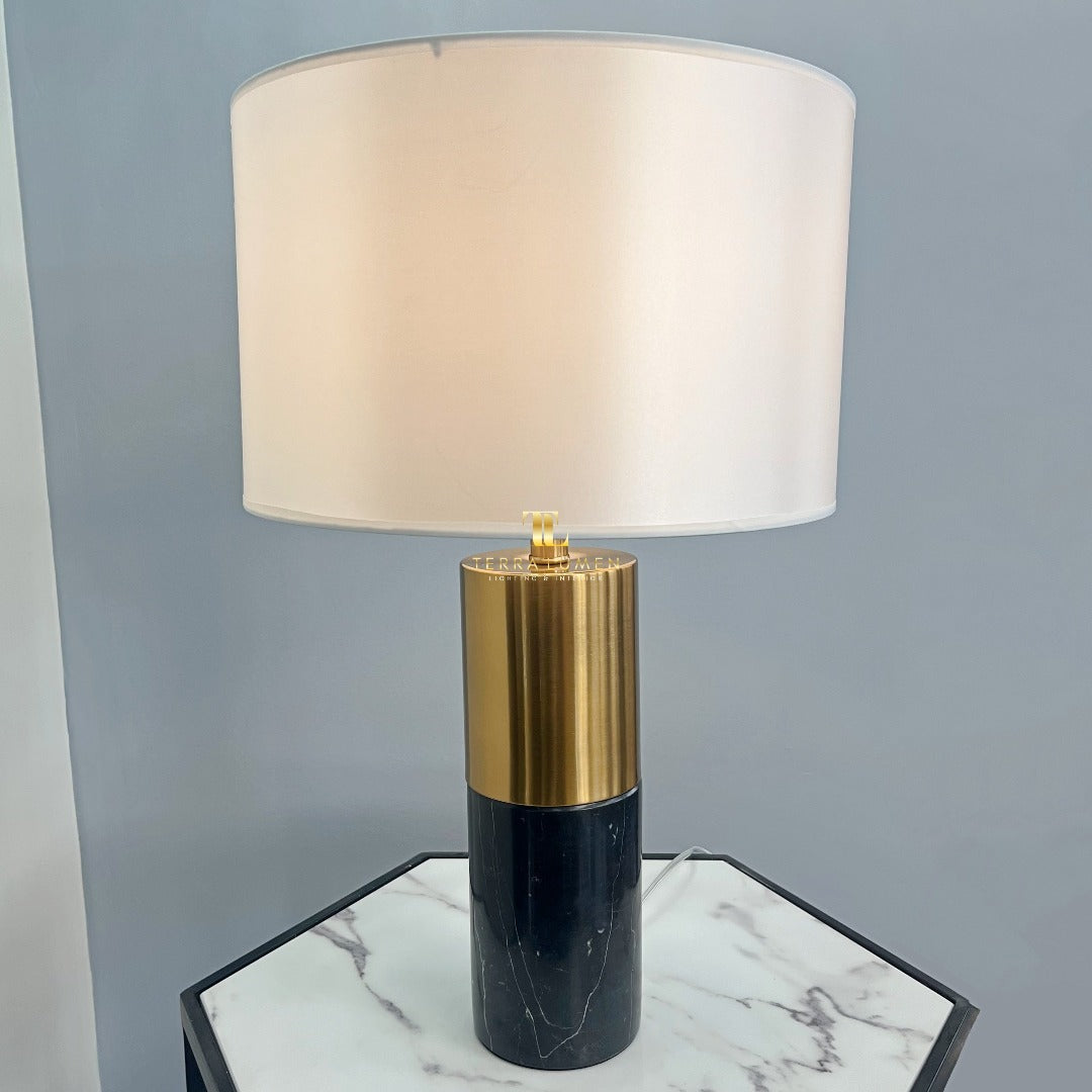 Elis Brushed Brass Dark Grey Marble Table Lamp with Ivory Shade