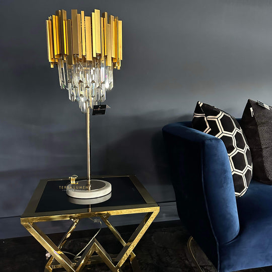 Monroe Brushed Gold Table Lamp with Clear Prism Crystals Glass