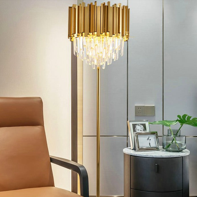 Monroe Brushed Gold Floor Lamp with Clear Prism Crystals Glass