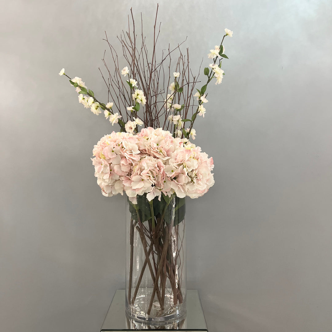 Pink Hydrangeas, Blossom and Willow in a tall glass