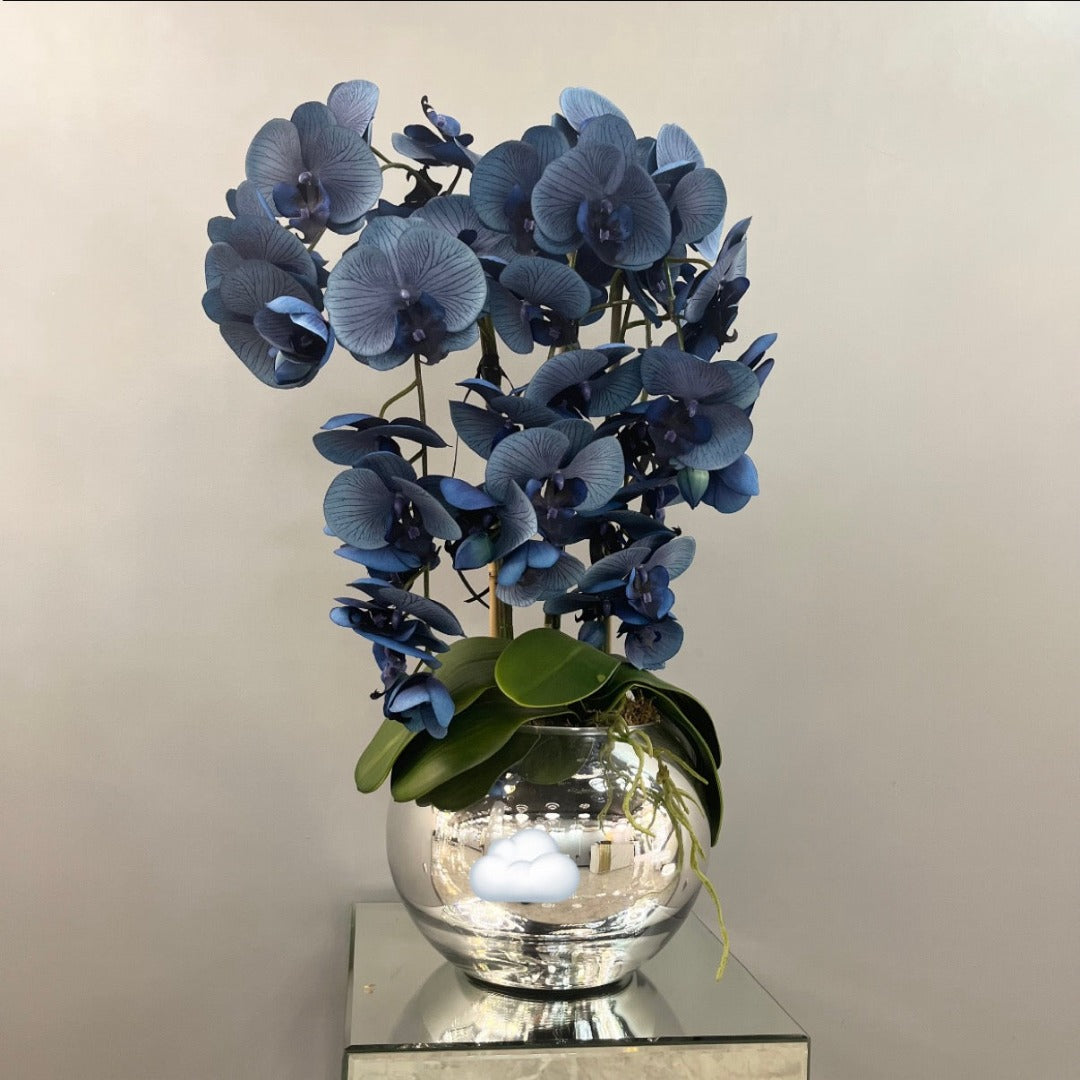 Blue Orchids in a chrome bowl